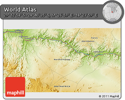 Physical 3D Map of the Area around 28° 56' 46" S, 17° 55' 29" E