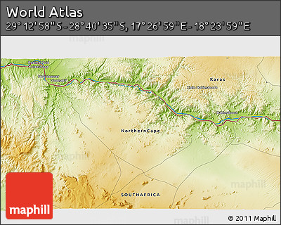 Physical 3D Map of the Area around 28° 56' 46" S, 17° 55' 29" E