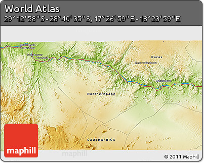 Physical 3D Map of the Area around 28° 56' 46" S, 17° 55' 29" E