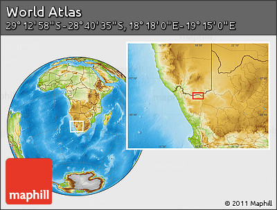 Physical Location Map of the Area around 28° 56' 46" S, 18° 46' 29" E