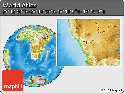 Physical Location Map of the Area around 28° 56' 46" S, 18° 46' 29" E