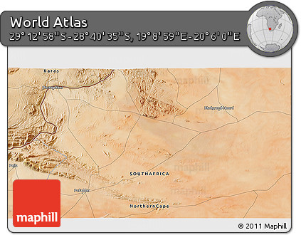 Satellite 3D Map of the Area around 28° 56' 46" S, 19° 37' 30" E