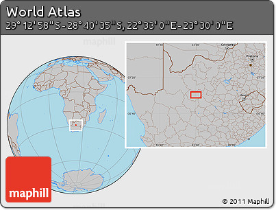 Gray Location Map of the Area around 28° 56' 46" S, 23° 1' 29" E