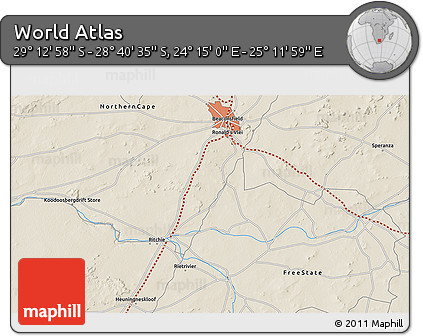 Shaded Relief 3D Map of the Area around 28° 56' 46" S, 24° 43' 30" E