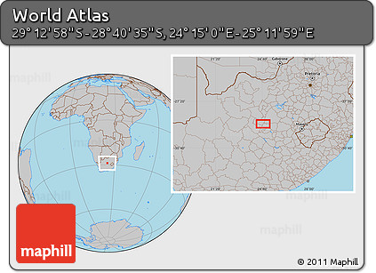 Gray Location Map of the Area around 28° 56' 46" S, 24° 43' 30" E