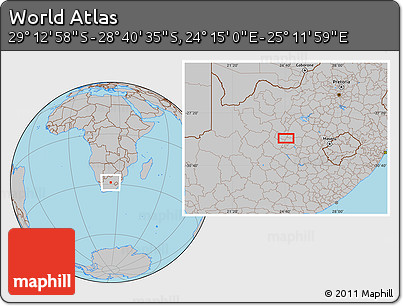 Gray Location Map of the Area around 28° 56' 46" S, 24° 43' 30" E