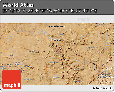 Satellite 3D Map of the Area around 28° 56' 46" S, 27° 16' 29" E