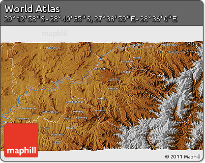 Physical 3D Map of the Area around 28° 56' 46" S, 28° 7' 30" E