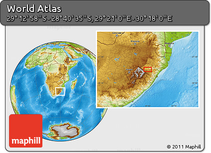 Physical Location Map of the Area around 28° 56' 46" S, 29° 49' 30" E