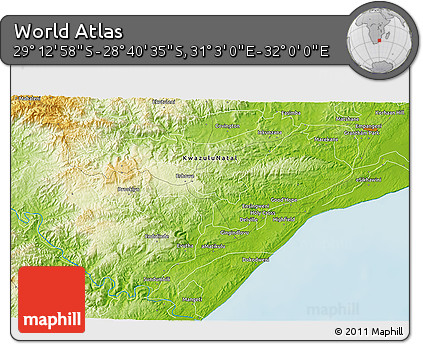 Physical 3D Map of the Area around 28° 56' 46" S, 31° 31' 29" E