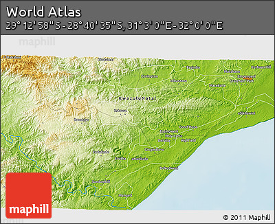 Physical 3D Map of the Area around 28° 56' 46" S, 31° 31' 29" E