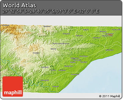 Physical 3D Map of the Area around 28° 56' 46" S, 31° 31' 29" E