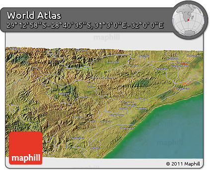 Satellite 3D Map of the Area around 28° 56' 46" S, 31° 31' 29" E