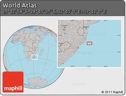Gray Location Map of the Area around 28° 56' 46" S, 33° 13' 30" E