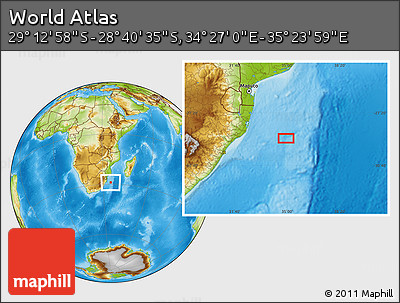 Physical Location Map of the Area around 28° 56' 46" S, 34° 55' 29" E