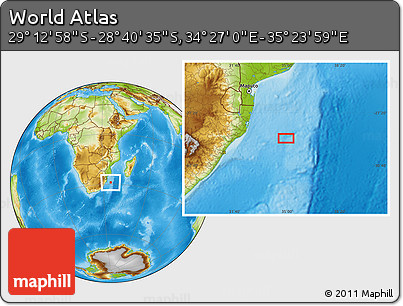 Physical Location Map of the Area around 28° 56' 46" S, 34° 55' 29" E