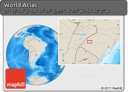 Shaded Relief Location Map of the Area around 28° 56' 46" S, 55° 10' 29" W