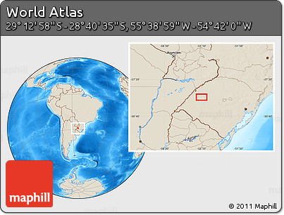 Shaded Relief Location Map of the Area around 28° 56' 46" S, 55° 10' 29" W