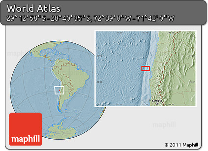 Savanna Style Location Map of the Area around 28° 56' 46" S, 72° 10' 30" W, hill shading