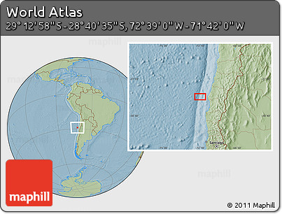 Savanna Style Location Map of the Area around 28° 56' 46" S, 72° 10' 30" W, hill shading