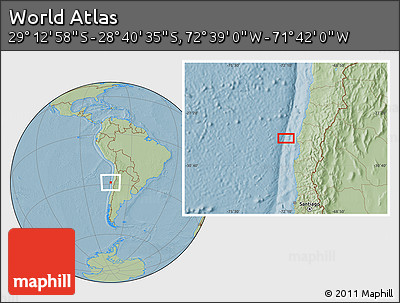 Savanna Style Location Map of the Area around 28° 56' 46" S, 72° 10' 30" W, hill shading