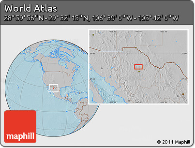 Gray Location Map of the Area around 29° 16' 6" N, 106° 10' 30" W, hill shading