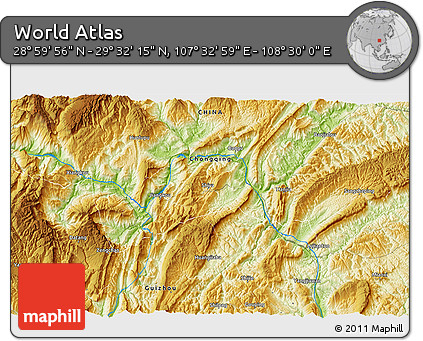 Physical 3D Map of the Area around 29° 16' 6" N, 108° 1' 30" E