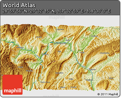 Physical 3D Map of the Area around 29° 16' 6" N, 108° 1' 30" E