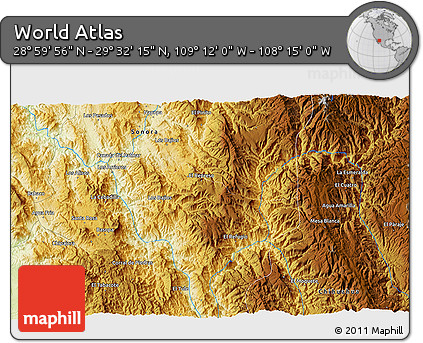 Physical 3D Map of the Area around 29° 16' 6" N, 108° 43' 29" W
