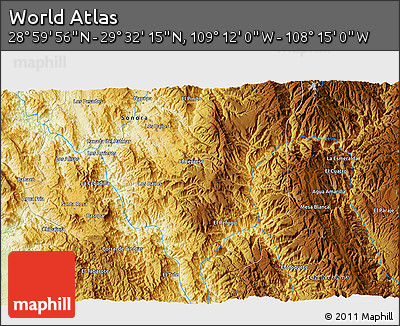 Physical 3D Map of the Area around 29° 16' 6" N, 108° 43' 29" W