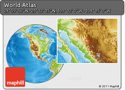 Physical Location Map of the Area around 29° 16' 6" N, 108° 43' 29" W