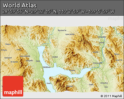 Physical 3D Map of the Area around 29° 16' 6" N, 109° 34' 29" W