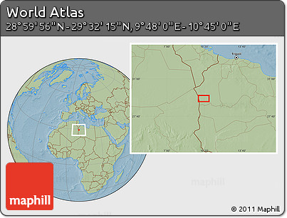 Savanna Style Location Map of the Area around 29° 16' 6" N, 10° 16' 30" E, hill shading