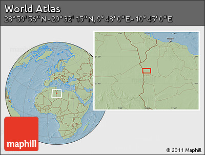 Savanna Style Location Map of the Area around 29° 16' 6" N, 10° 16' 30" E, hill shading