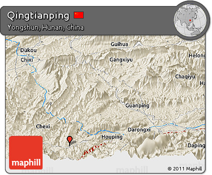 Shaded Relief Panoramic Map of Qingtianping
