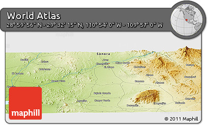 Physical Panoramic Map of the Area around 29° 16' 6" N, 110° 25' 30" W