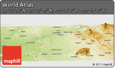 Physical Panoramic Map of the Area around 29° 16' 6" N, 110° 25' 30" W