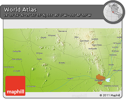 Physical 3D Map of the Area around 29° 16' 6" N, 111° 16' 30" W