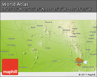Physical 3D Map of the Area around 29° 16' 6" N, 111° 16' 30" W