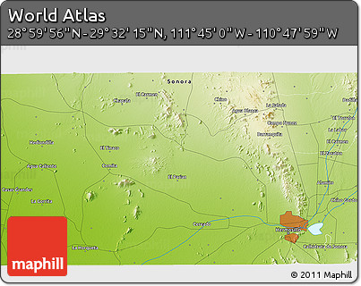 Physical 3D Map of the Area around 29° 16' 6" N, 111° 16' 30" W