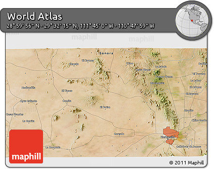 Satellite 3D Map of the Area around 29° 16' 6" N, 111° 16' 30" W