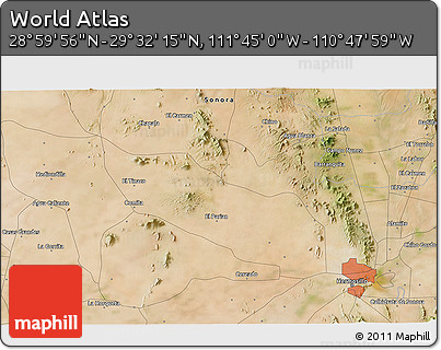 Satellite 3D Map of the Area around 29° 16' 6" N, 111° 16' 30" W