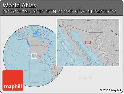 Gray Location Map of the Area around 29° 16' 6" N, 111° 16' 30" W, hill shading