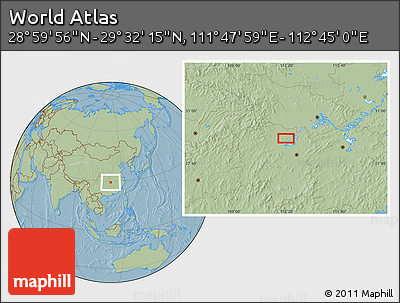 Savanna Style Location Map of the Area around 29° 16' 6" N, 112° 16' 30" E, hill shading