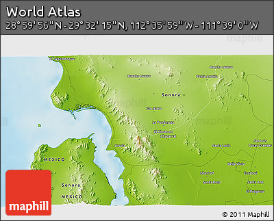 Physical 3D Map of the Area around 29° 16' 6" N, 112° 7' 30" W