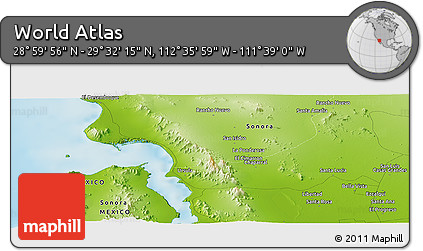 Physical Panoramic Map of the Area around 29° 16' 6" N, 112° 7' 30" W