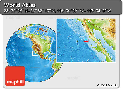 Physical Location Map of the Area around 29° 16' 6" N, 116° 22' 30" W