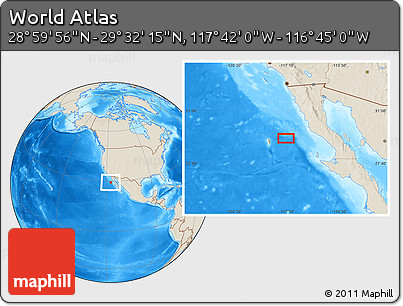 Shaded Relief Location Map of the Area around 29° 16' 6" N, 117° 13' 29" W