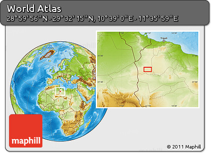 Physical Location Map of the Area around 29° 16' 6" N, 11° 7' 30" E