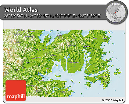 Physical 3D Map of the Area around 29° 16' 6" N, 121° 37' 30" E